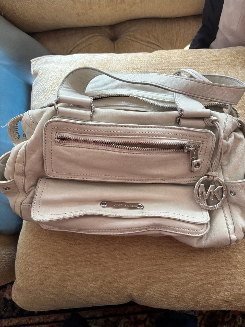 Michael Kors Light Cream Leather Shoulder Satchel with MK Charm and Factory Bag